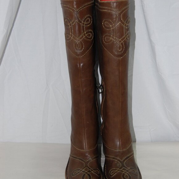 37/US7❤️ FIORENTINI+BAKER Brown Leather Over Knee High Heels Tall Biker BOOTS - Picture 3 of 14